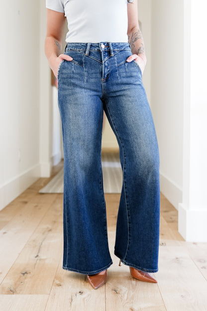 Risen High Rise Dark Wash Wide Leg Jeans with Front Yoke Seam