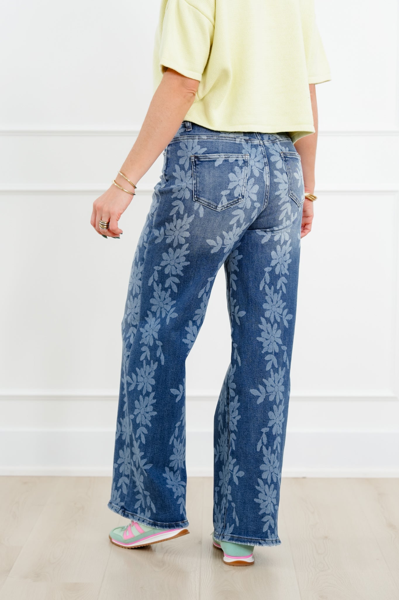 Daisy Print High Waist Wide Leg Jeans