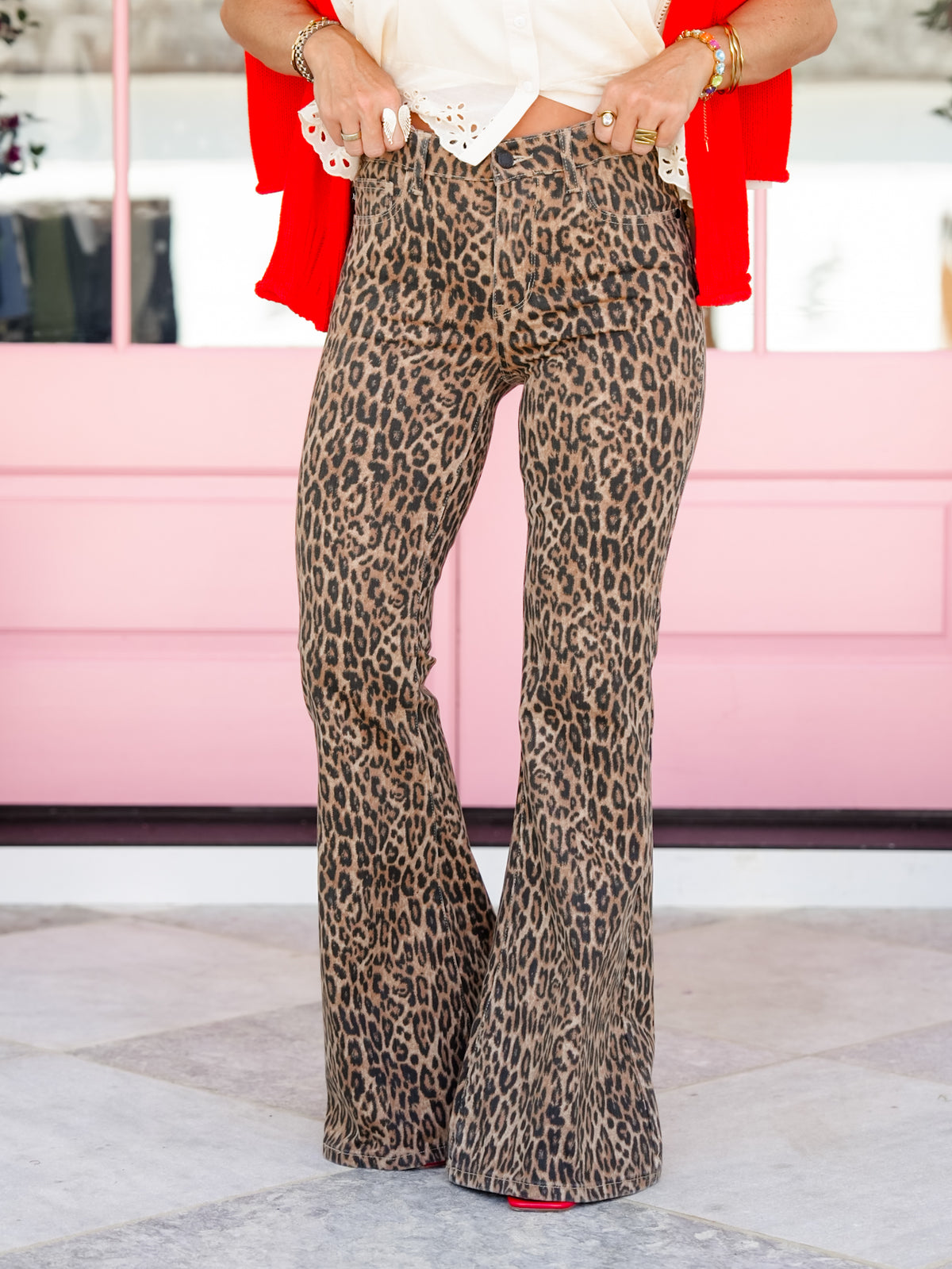 Judy Blue Mid Rise Leopard Jaqueline Flare Jeans - Freckled Poppy