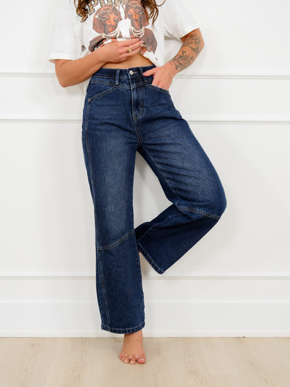 Saige High Rise Dark Wash Tummy Control Low Curve Barrel Jeans