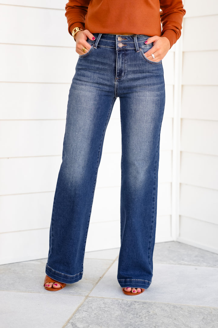 Risen High Rise Dark Wash Double Waistband Wide Leg Jeans