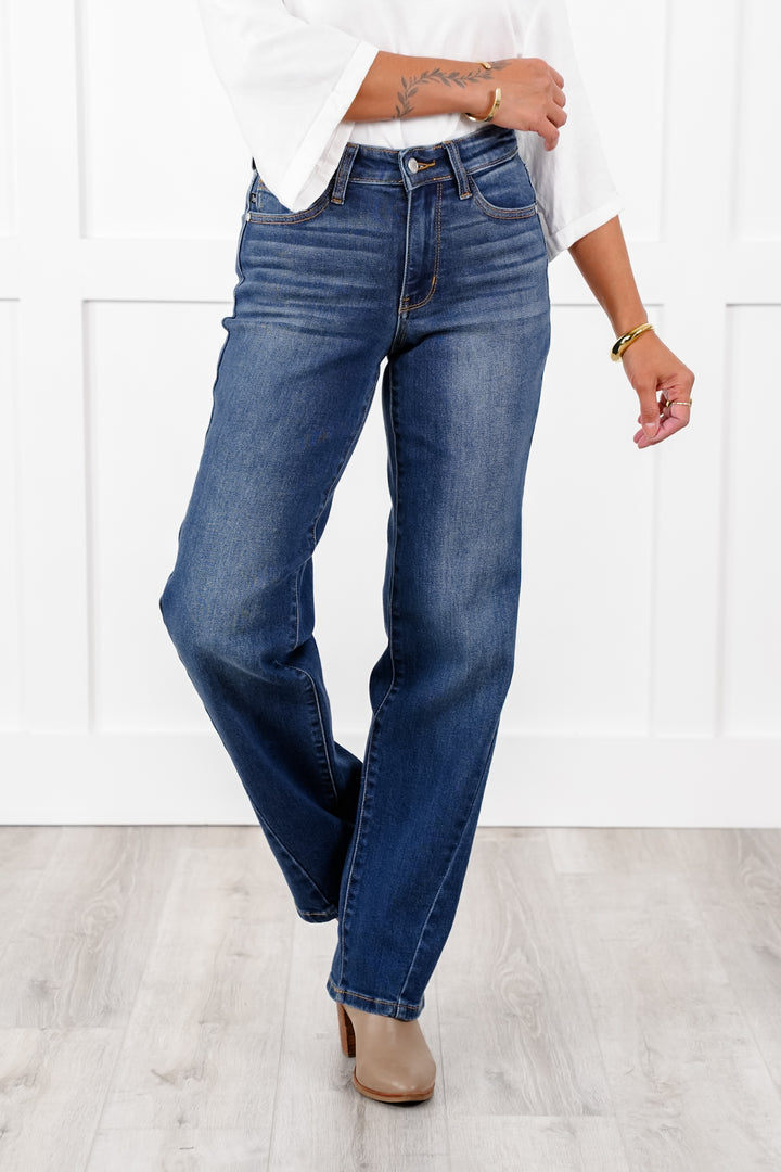 Judy Blue Mid Rise Medium Wash Side Seam Detail Straight Leg Jeans