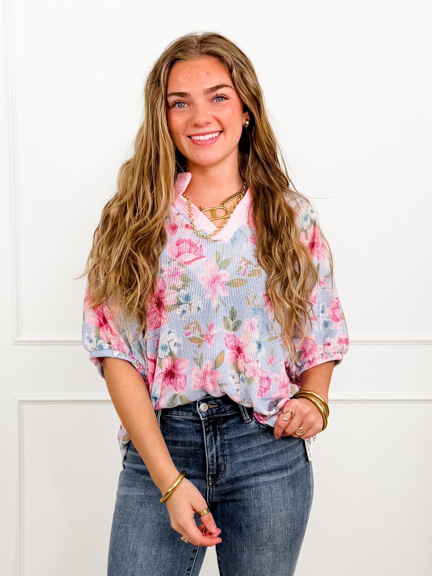 Plus/Reg Floral Print Short Sleeve V Neck Top