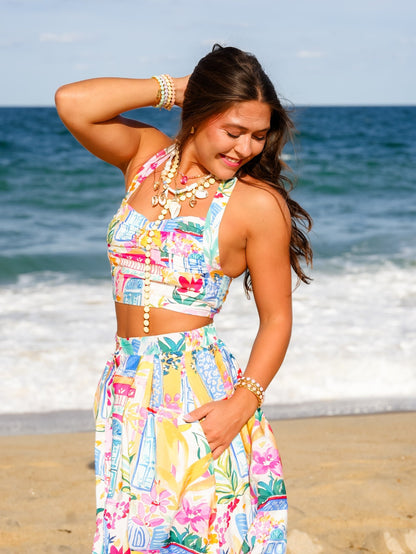 Coastal Print Sleeveless Halter Neck Crop Top - Freckled Poppy