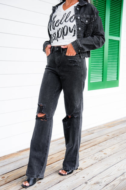 Judy Blue Straight Obsessed High Rise Black Rigid Magic 90's Distressed Straight Leg Jeans