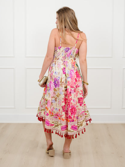 POL Floral Print Sleeveless V Neck Midi Dress with Tassel Hem