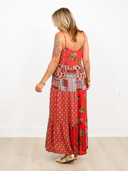 Patchwork Print Spaghetti Strap Tiered Midi Dress