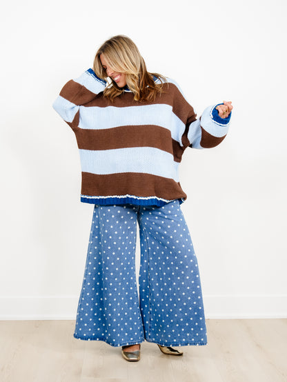 Wide Stripe Long Sleeve Pullover Chunky Sweater - Freckled Poppy