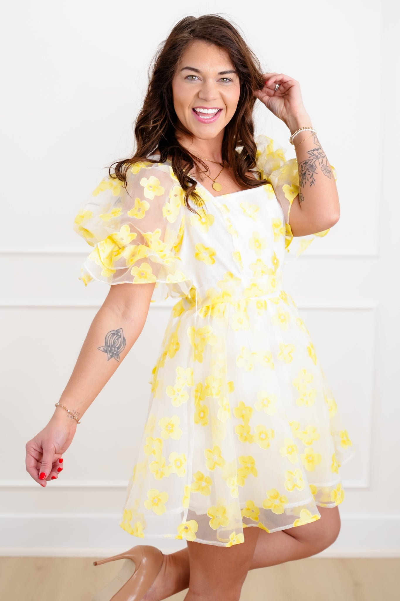 Yellow Floral Organza Short Sleeve Mini Dress – Freckled Poppy