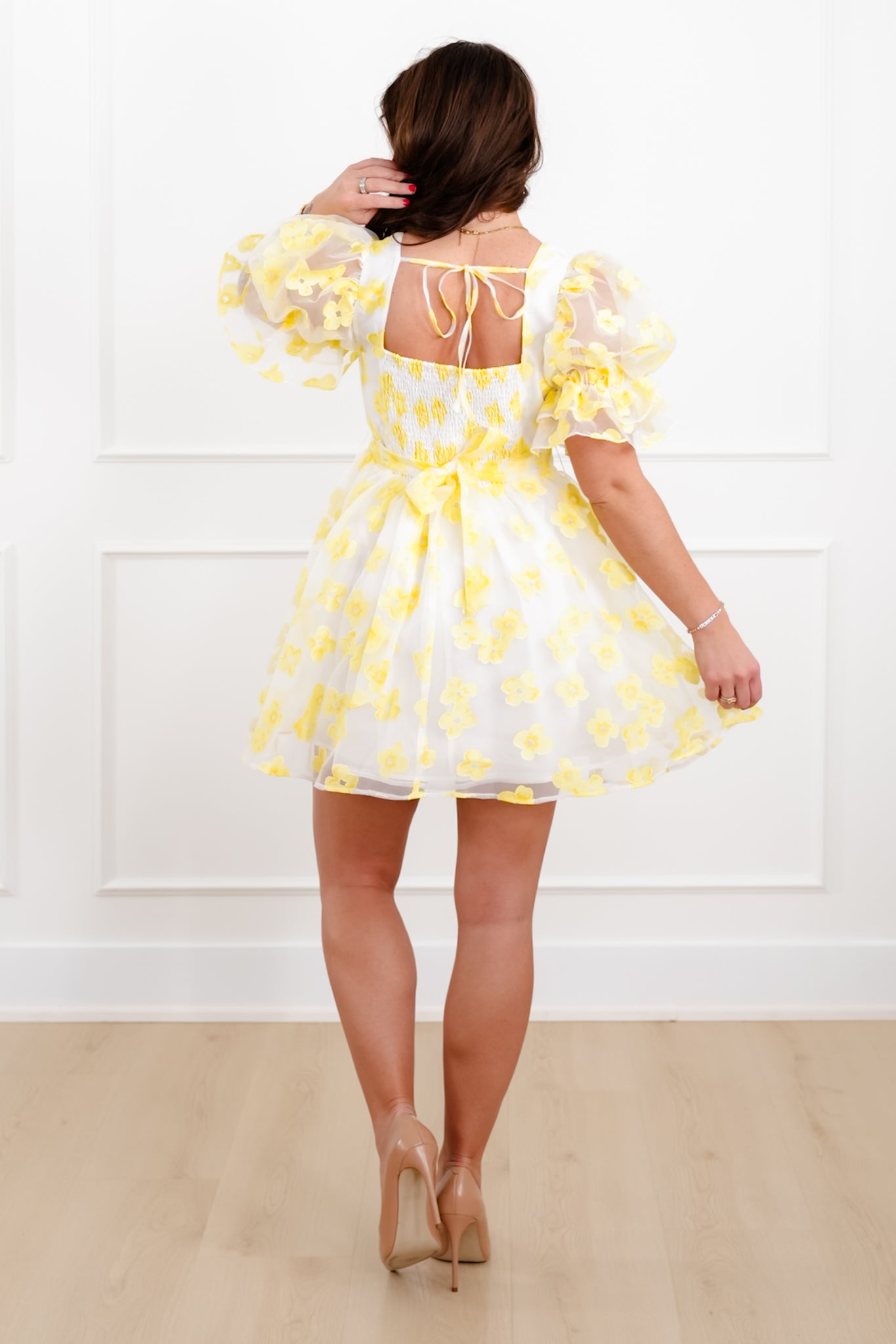 Yellow Floral Organza Short Sleeve Mini Dress M