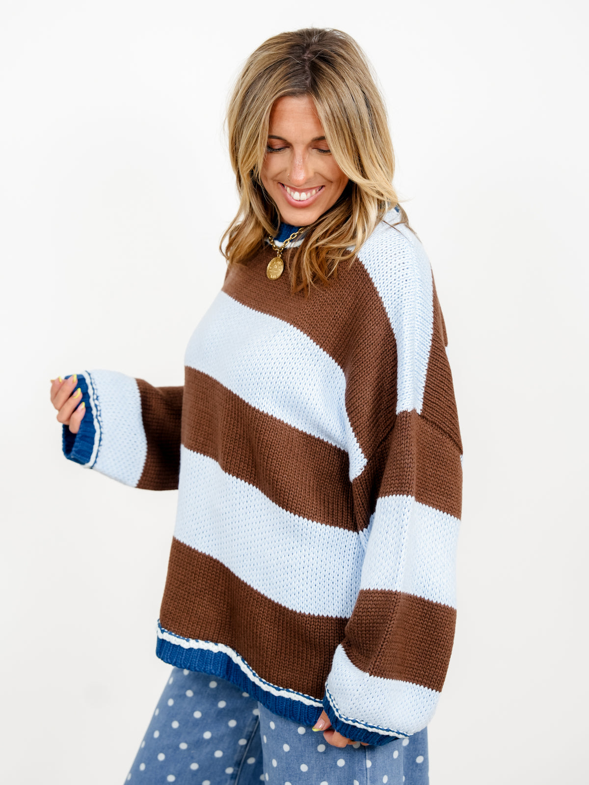 Wide Stripe Long Sleeve Pullover Chunky Sweater - Freckled Poppy