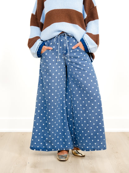 Plus/Reg Light Wash Polka Dot High Waist Wide Leg Pants