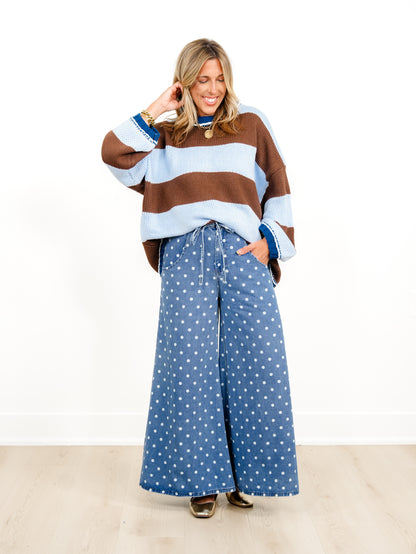 Plus/Reg Light Wash Polka Dot High Waist Wide Leg Pants