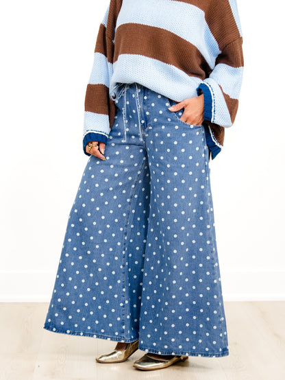 Plus/Reg Light Wash Polka Dot High Waist Wide Leg Pants