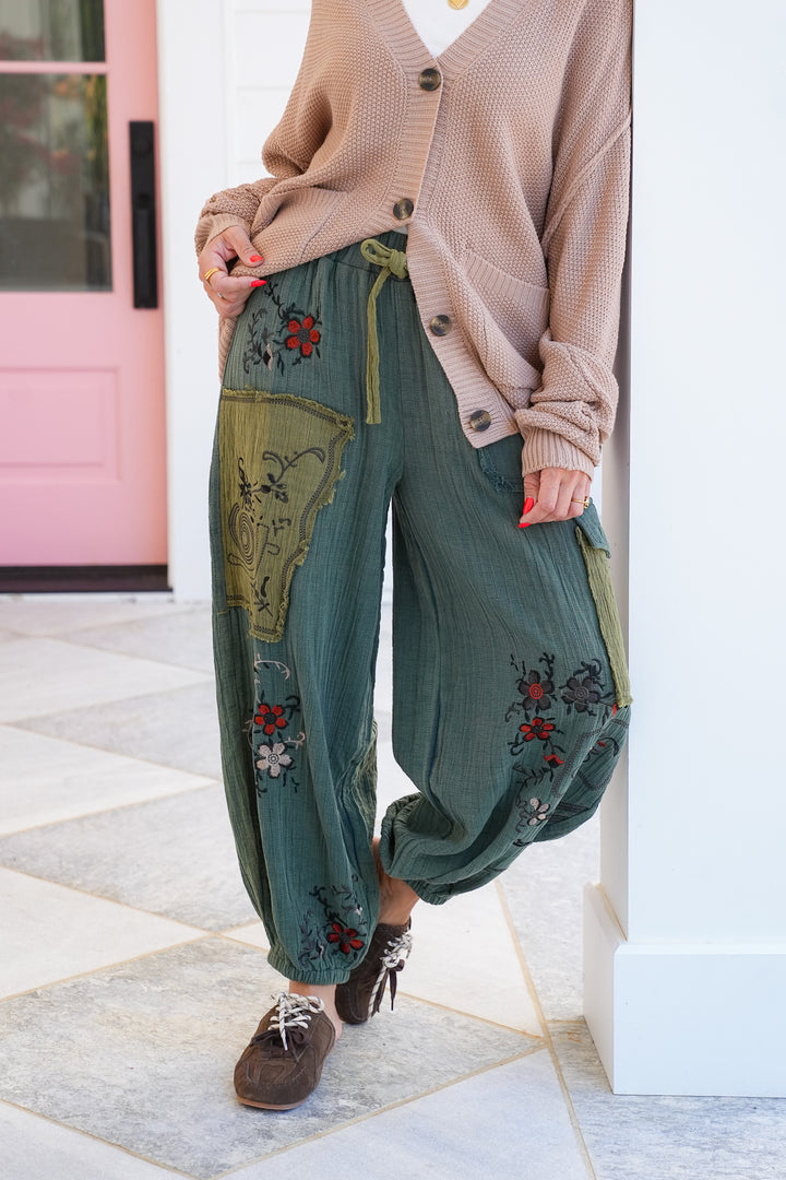 POL Floral Embroidered Elastic Waist Joggers with Patch Detail