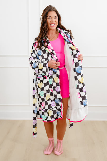 Plus/Reg Checkered Conversation Hearts Print Lounge Robe