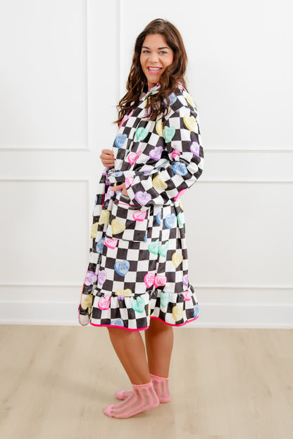 Plus/Reg Checkered Conversation Hearts Print Lounge Robe