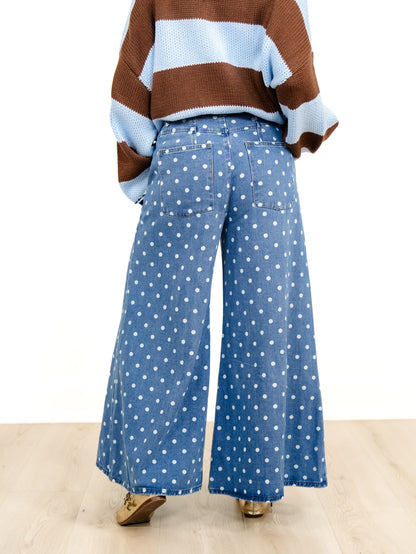 Plus/Reg Light Wash Polka Dot High Waist Wide Leg Pants