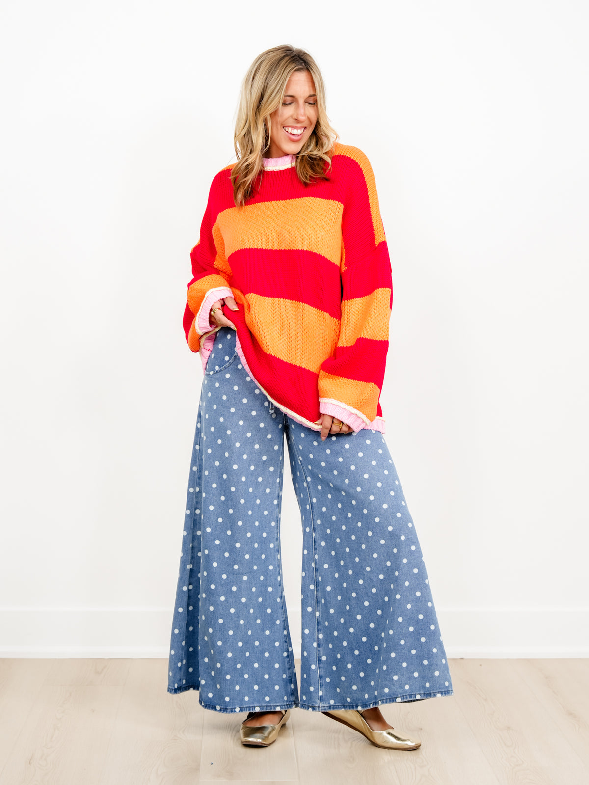 Wide Stripe Long Sleeve Pullover Chunky Sweater - Freckled Poppy