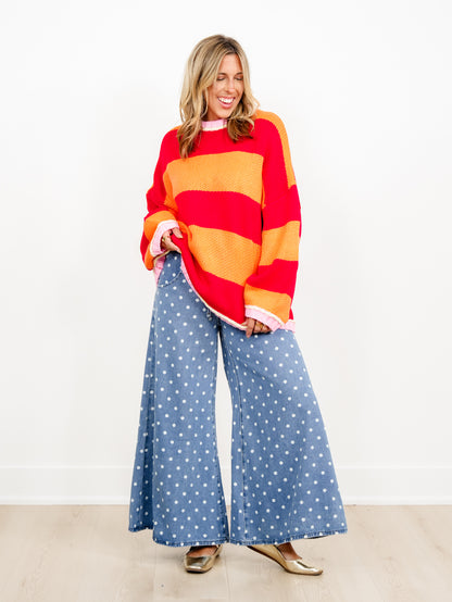 Wide Stripe Long Sleeve Pullover Chunky Sweater - Freckled Poppy