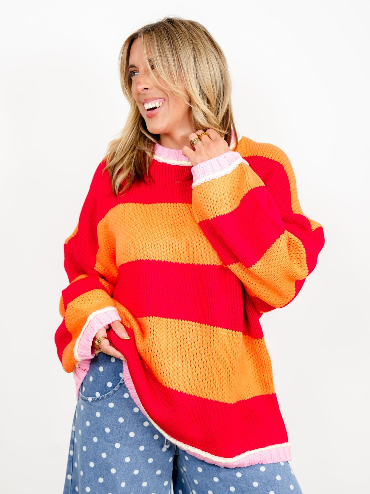 Wide Stripe Long Sleeve Pullover Chunky Sweater - Freckled Poppy