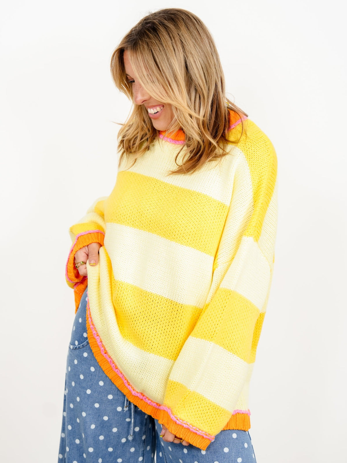 Wide Stripe Long Sleeve Pullover Chunky Sweater - Freckled Poppy