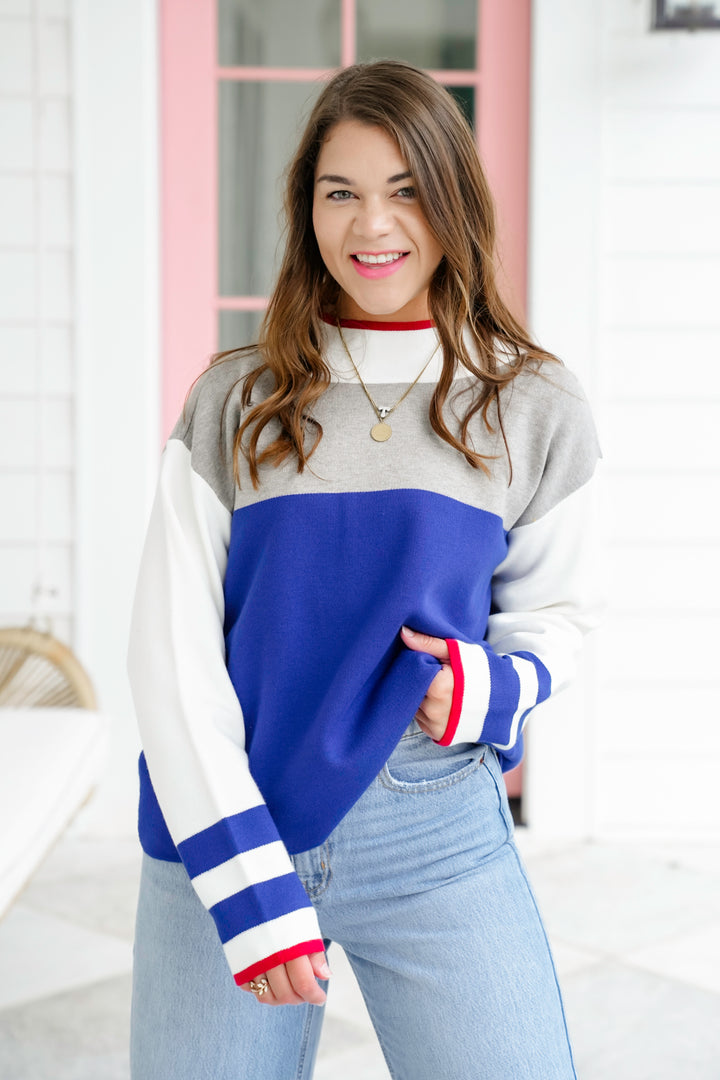 Color Block Long Sleeve Mock Neck Pullover Sweater