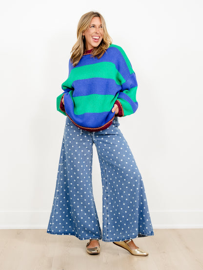 Wide Stripe Long Sleeve Pullover Chunky Sweater - Freckled Poppy