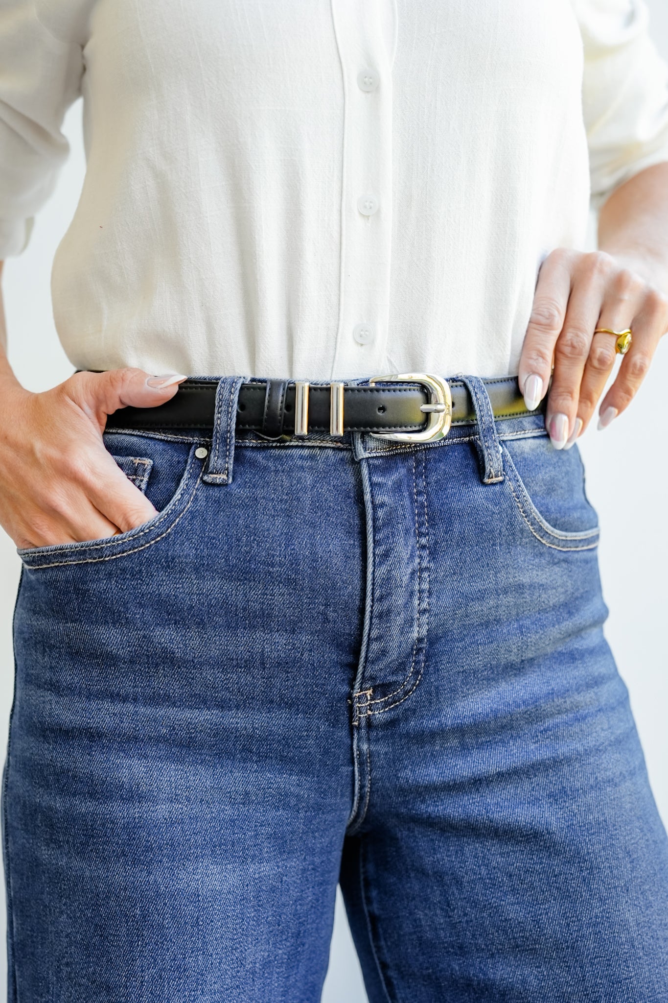 Black Leather Belt with Double Metal Strap Loops