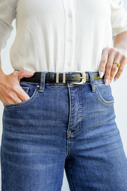 Black Leather Belt with Double Metal Strap Loops