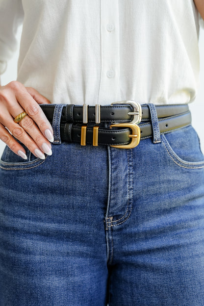 Black Leather Belt with Double Metal Strap Loops