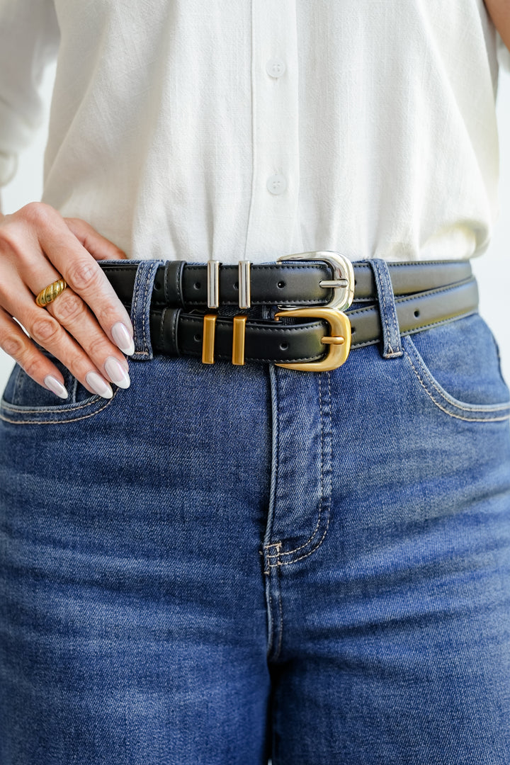 Black Leather Belt with Double Metal Strap Loops