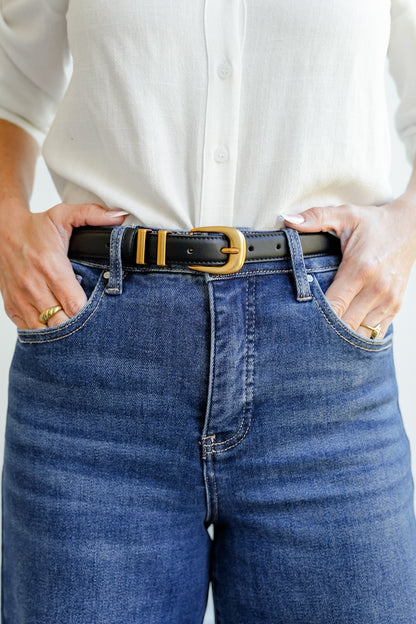 Black Leather Belt with Double Metal Strap Loops