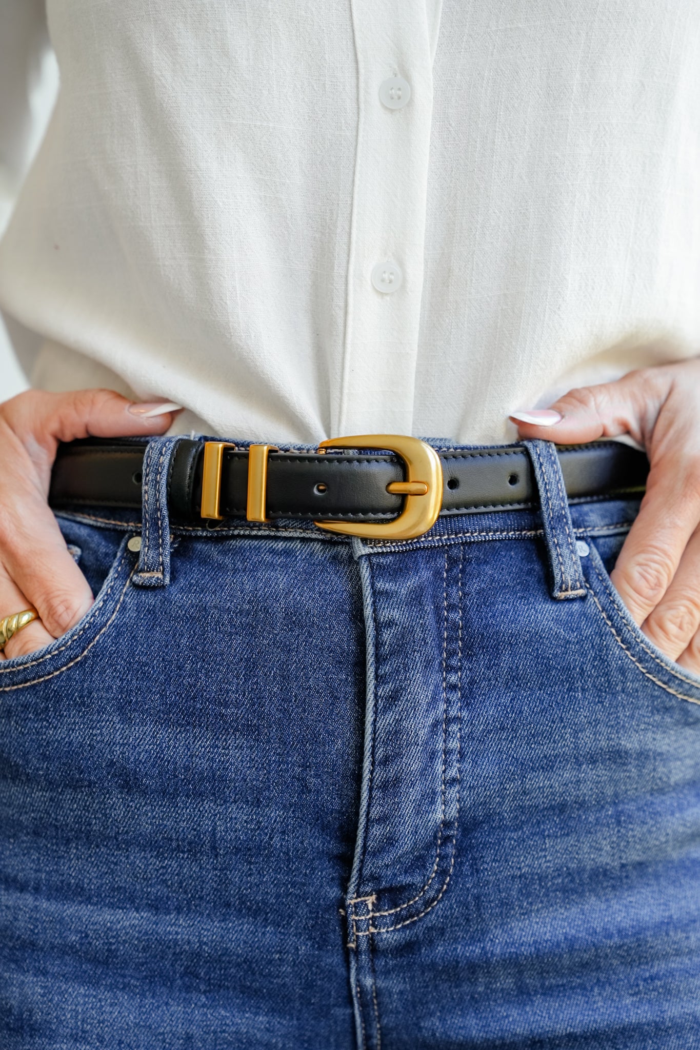 Black Leather Belt with Double Metal Strap Loops