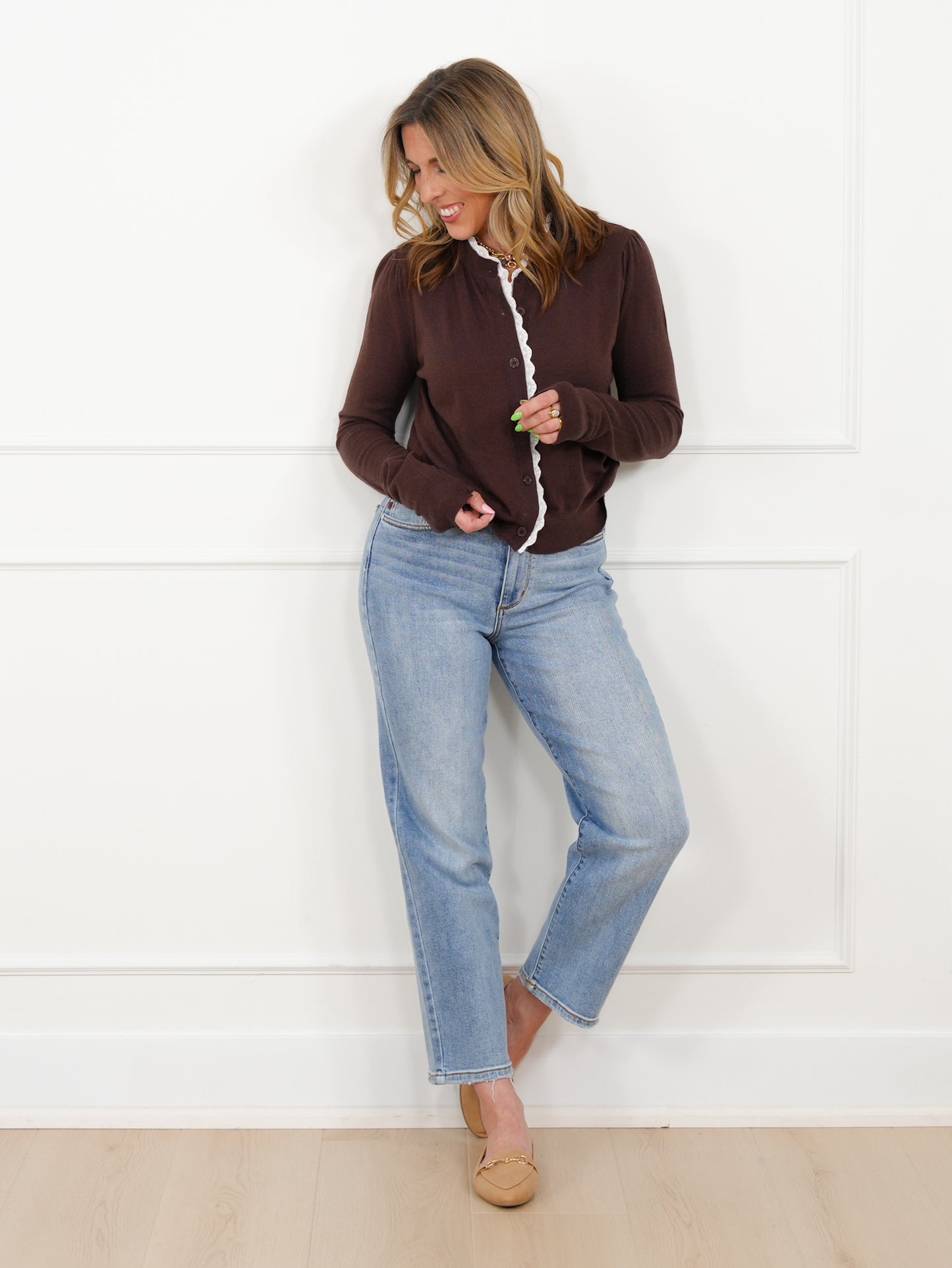 Knit Long Sleeve Button Down Cardigan with Lace Trim