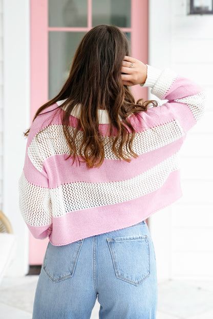 Stripe Long Sleeve Button Up Cropped Sweater