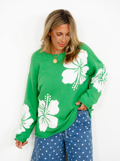 Hibiscus Floral Long Sleeve Pullover Sweater