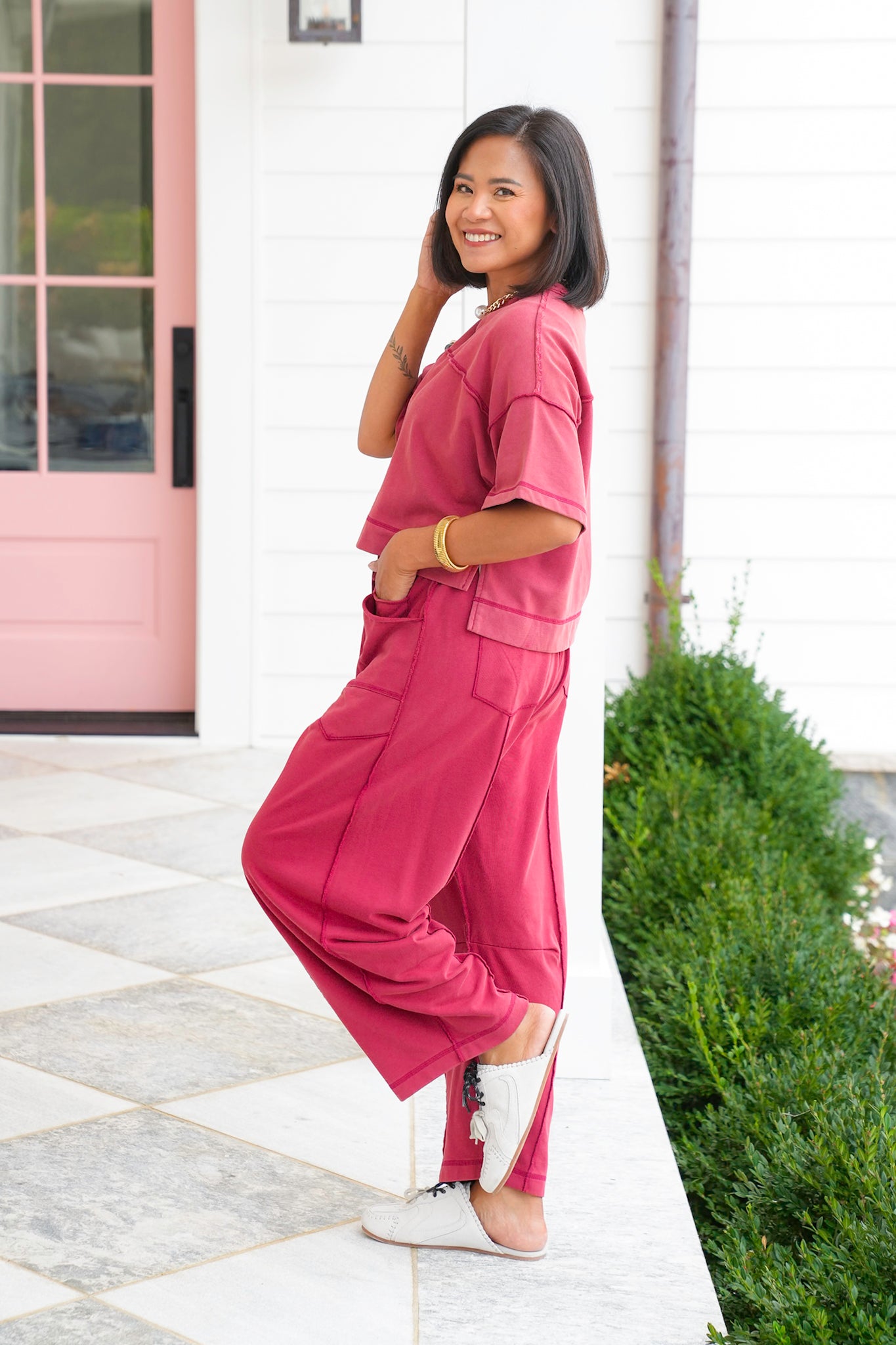 Plus/Reg Mineral Wash Short Sleeve Top with Barrel Pants Set