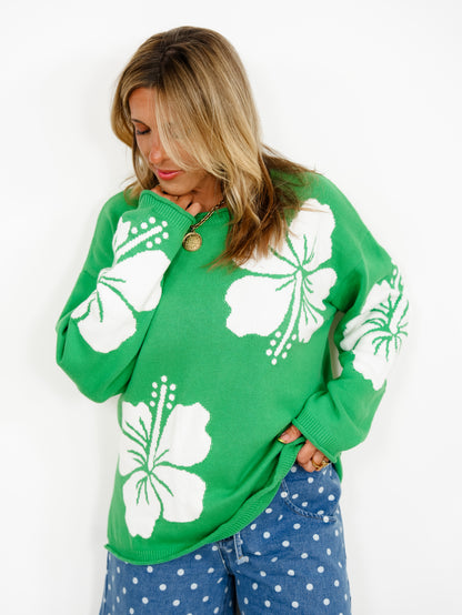 Hibiscus Floral Long Sleeve Pullover Sweater