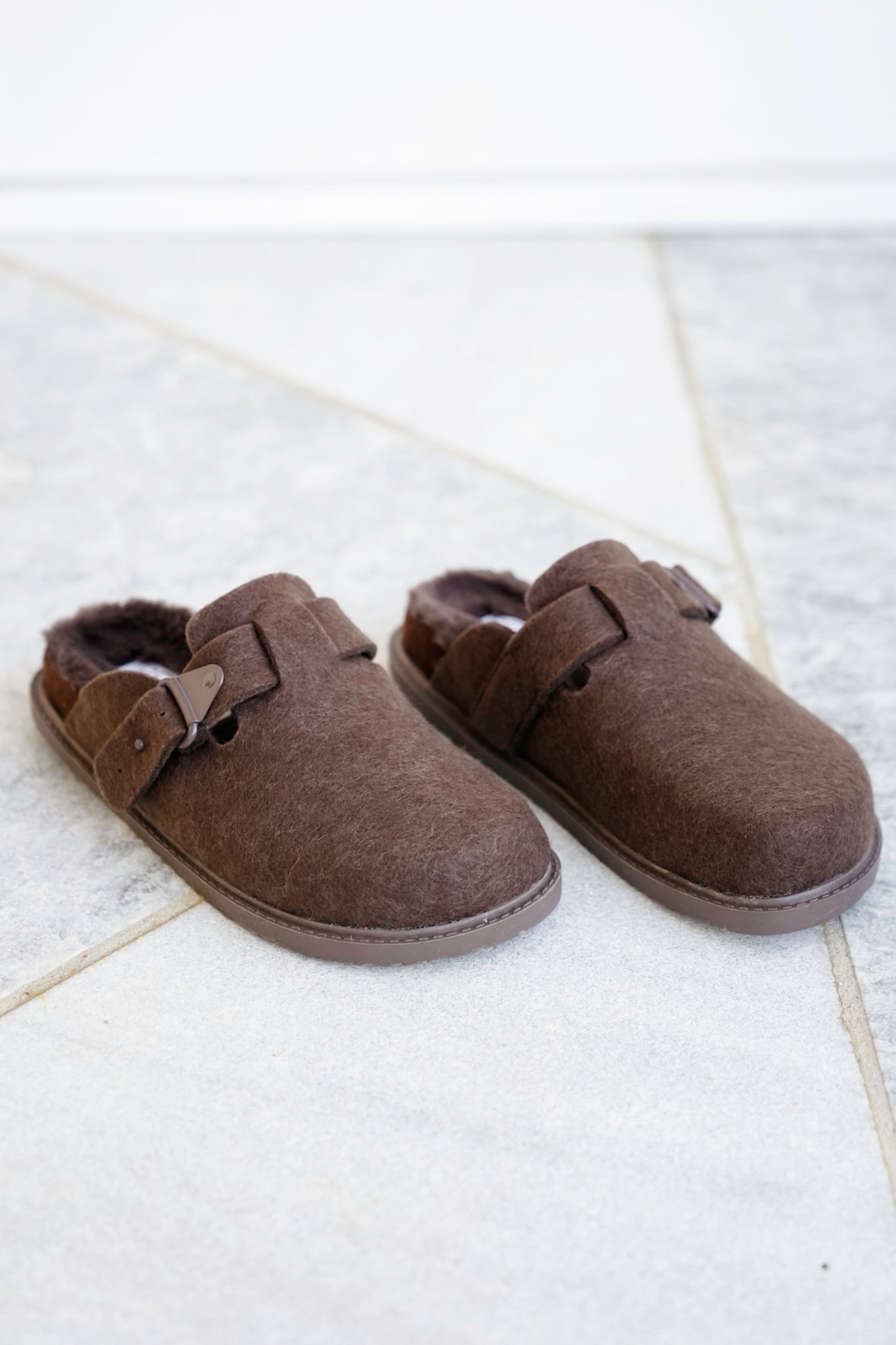Cozy Felt Slip On Clog with Adjustable Strap