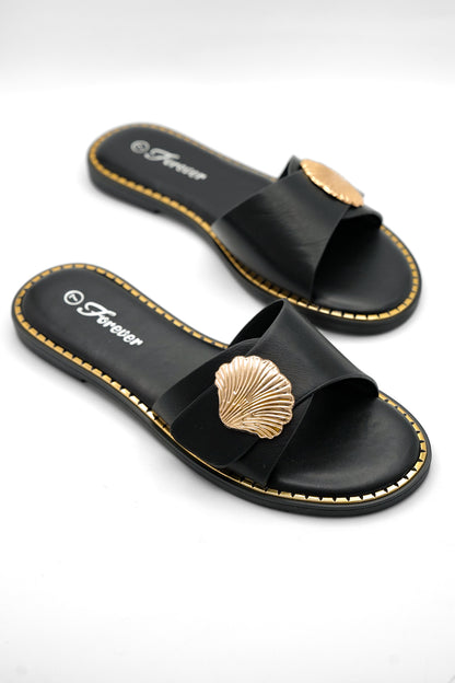 Vegan Leather Slide Sandal with Shell Accent