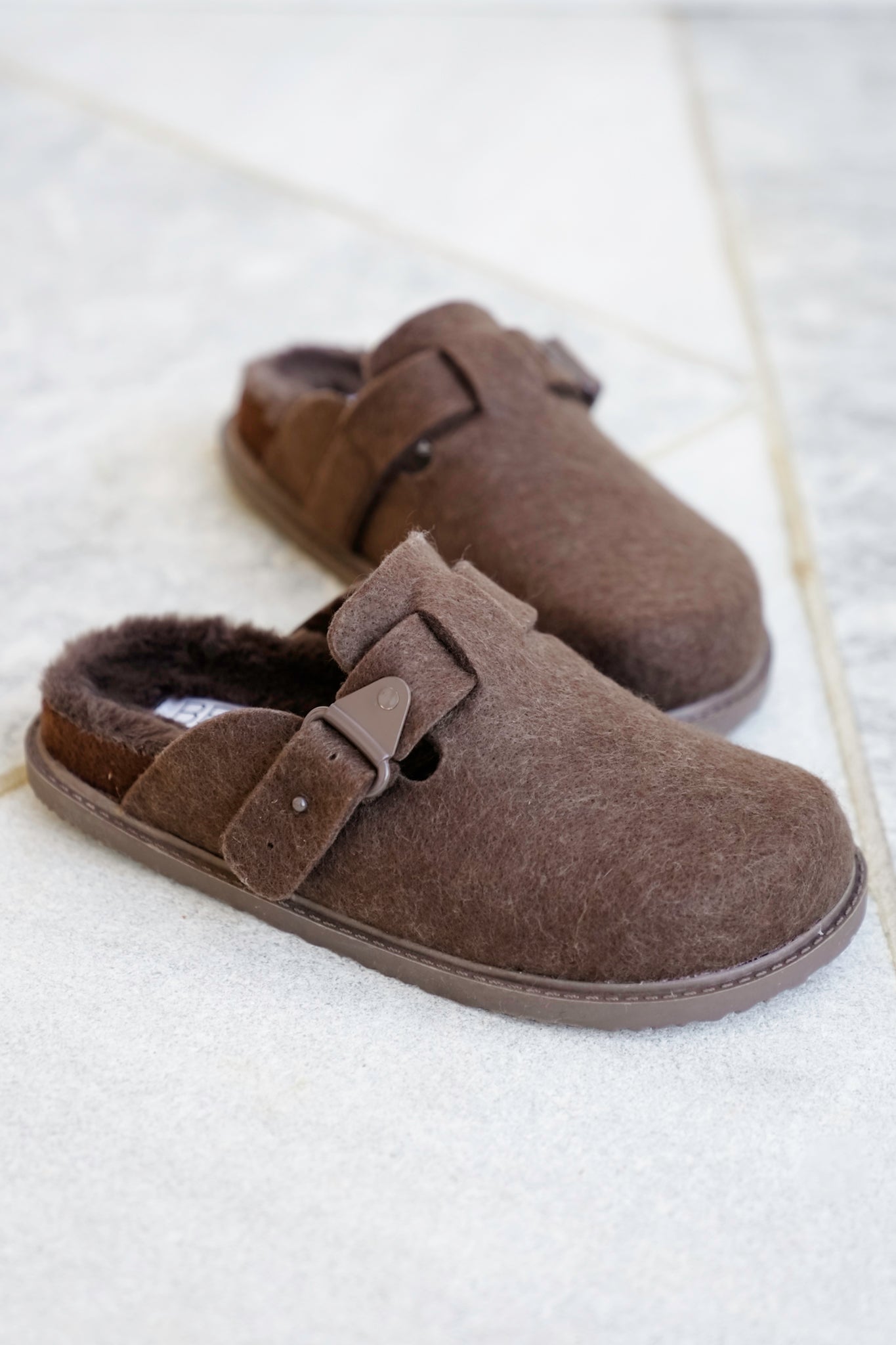 Cozy Felt Slip On Clog with Adjustable Strap