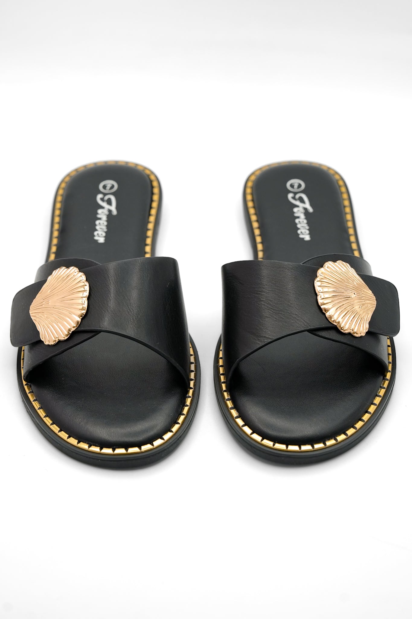 Vegan Leather Slide Sandal with Shell Accent