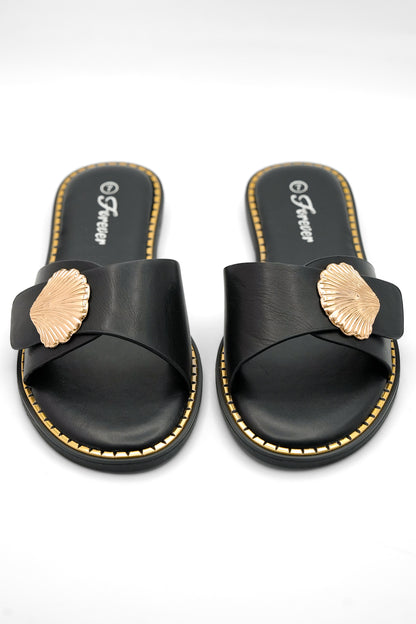 Vegan Leather Slide Sandal with Shell Accent