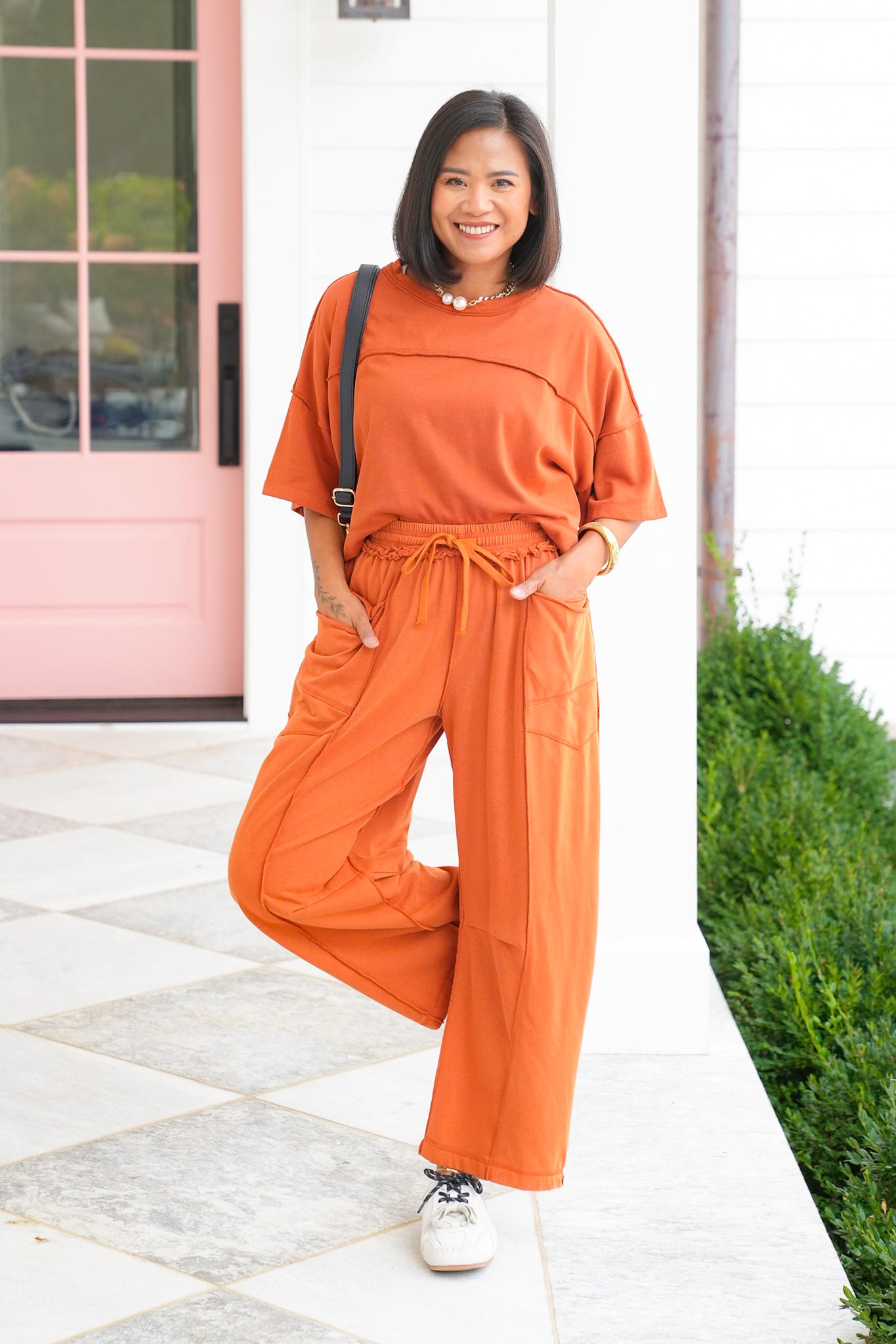 Plus/Reg Mineral Wash Short Sleeve Top with Barrel Pants Set
