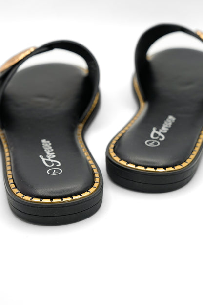 Vegan Leather Slide Sandal with Shell Accent