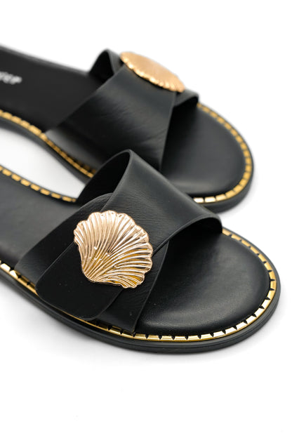 Vegan Leather Slide Sandal with Shell Accent