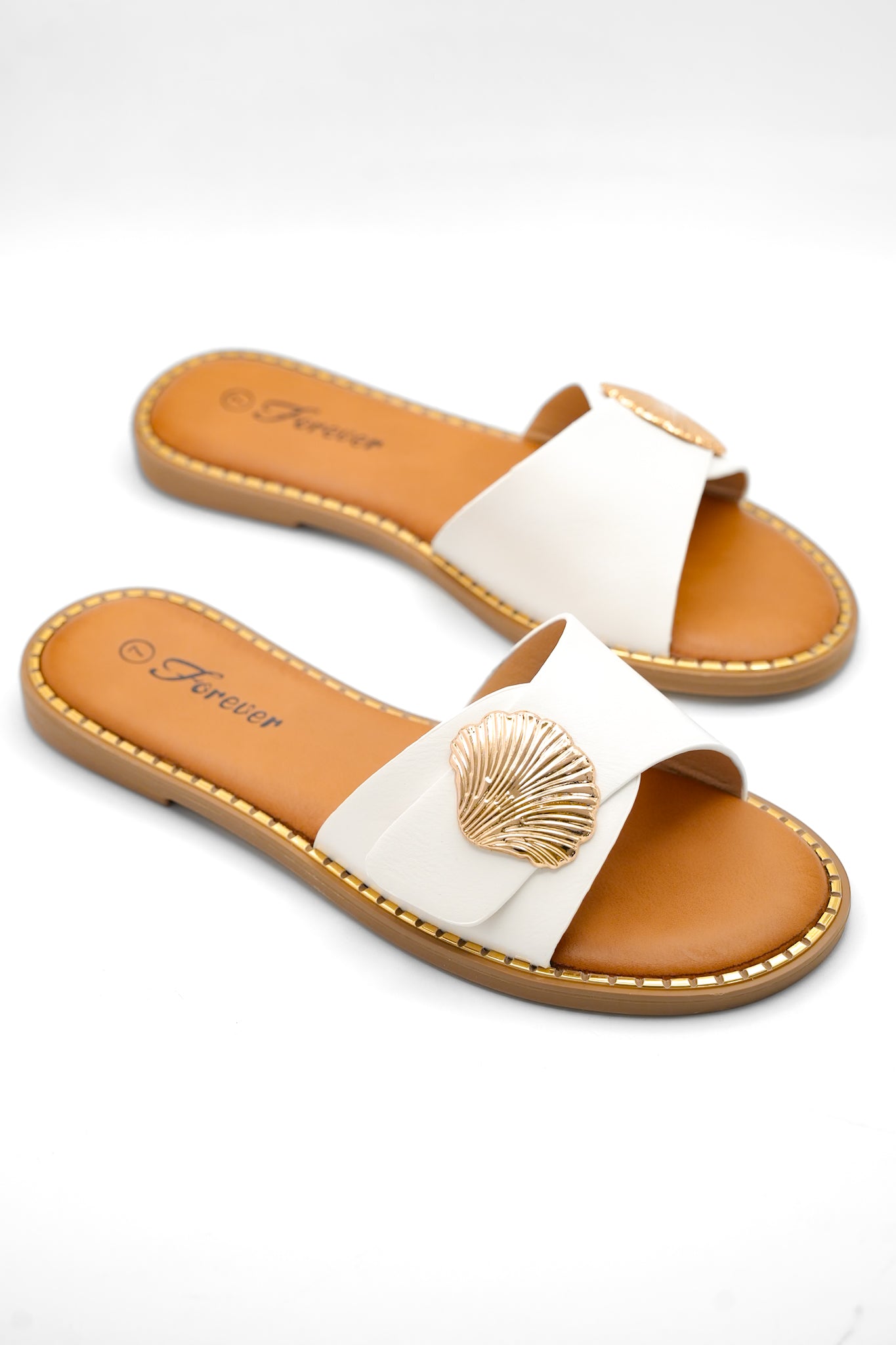 Vegan Leather Slide Sandal with Shell Accent