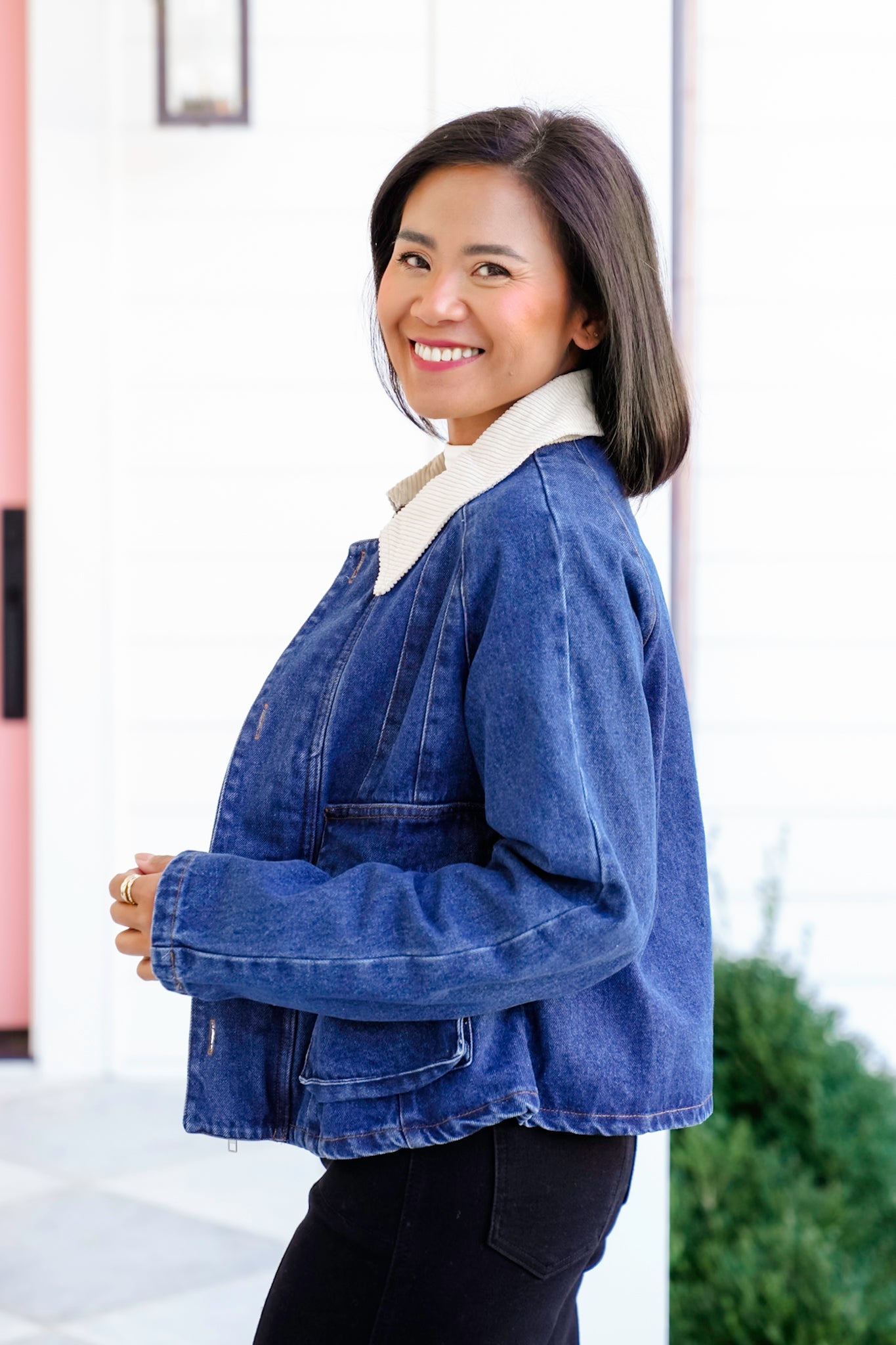 Long Sleeve Zip Up and Buttoned Jacket with Corduroy Collar
