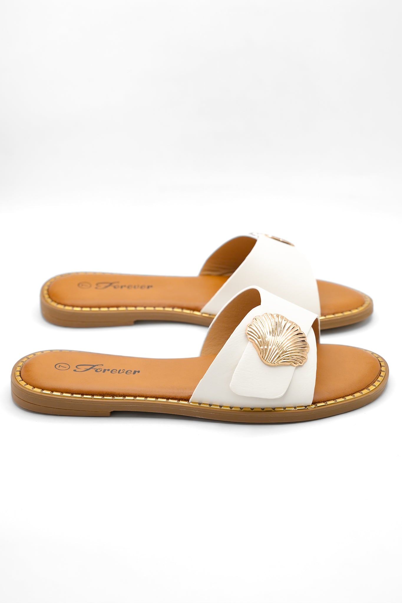 Vegan Leather Slide Sandal with Shell Accent